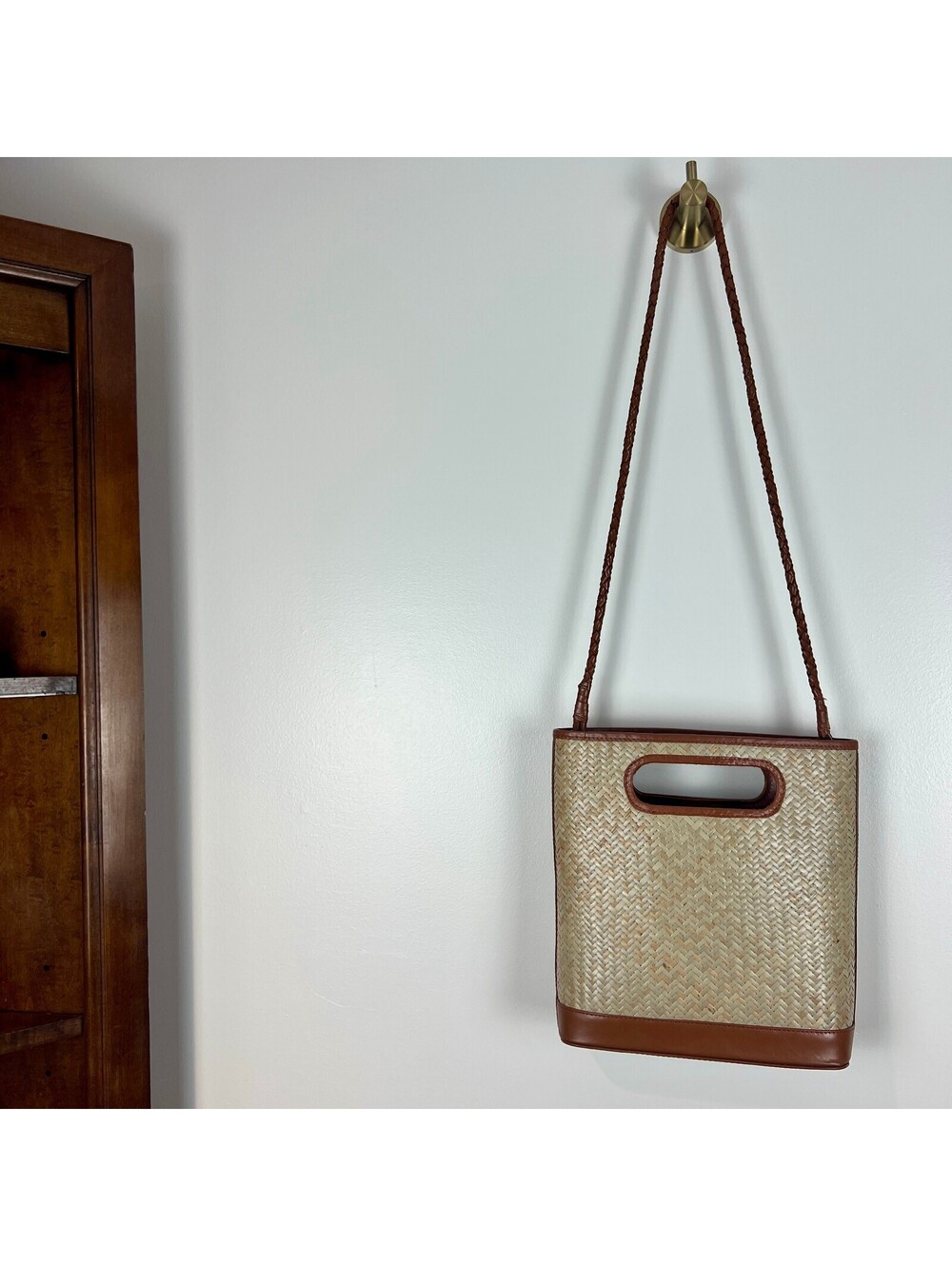 Bembien Woven Straw Leather Shoulder Bag Tote Cutout Handles Brown Natural